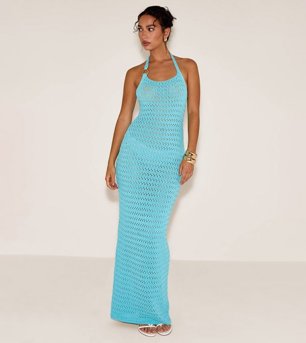 Crochet Trim Strap Halterneck Maxi Dress