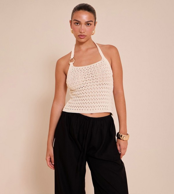 Crochet Trim Detail Halterneck Crop Top