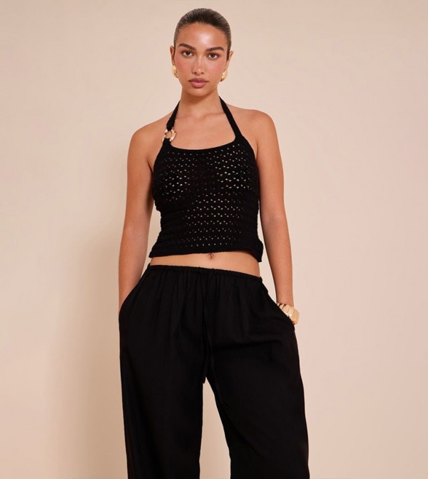 Crochet Trim Detail Halterneck Crop Top