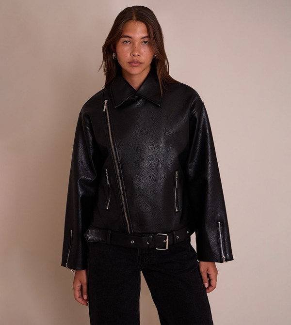 Faux Leather Oversized Biker Style Jacket
