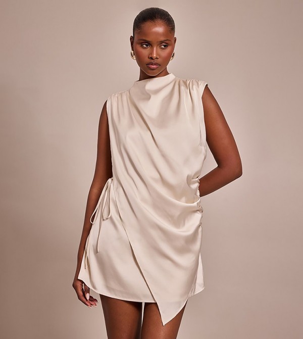 Solid Satin Draped Tie Mini Dress