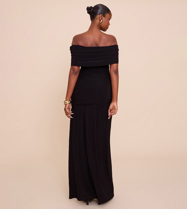 Double Layer Slinky Bardot One Shoulder Ruched Maxi Dress