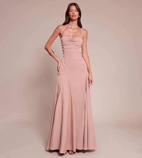 Halterneck Ruched Bust Detail Maxi Dress