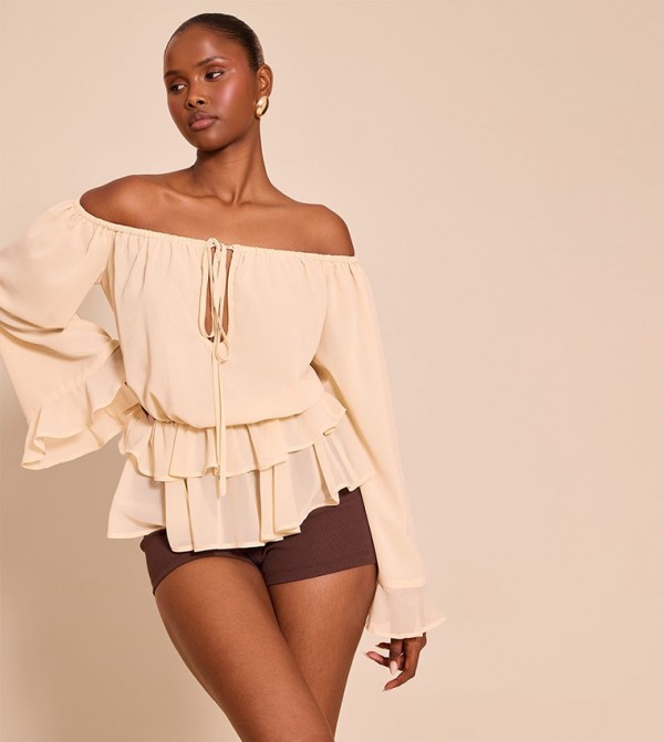 Chiffon Bardot Frill Detail Top