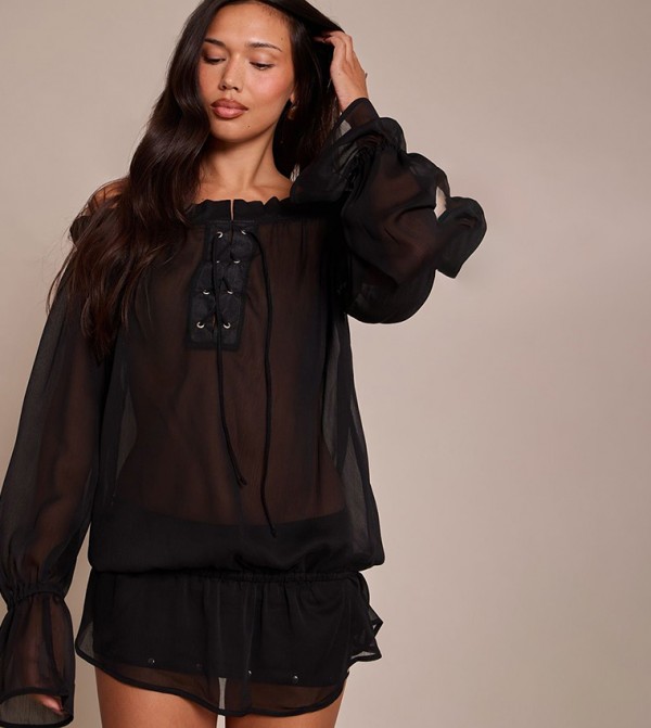 Chiffon Lace Up Detail Bardot Long Sleeves Top