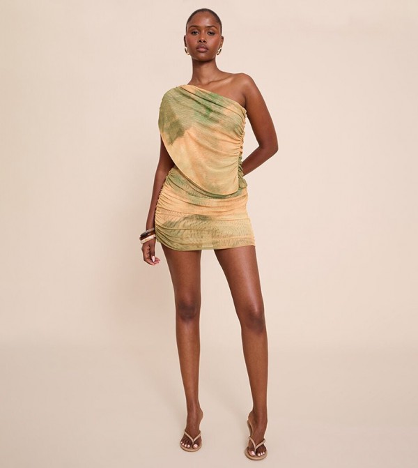 Abstract Print Mesh Ruched Mini Skirt