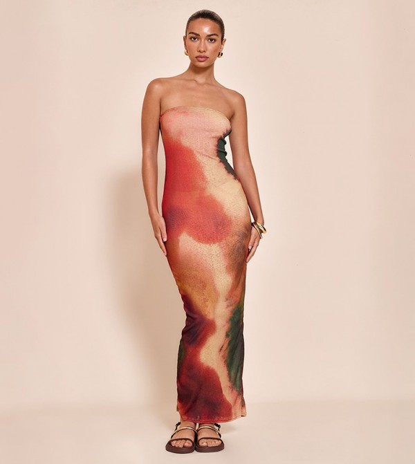 Abstract Print Strapless Maxi Dress