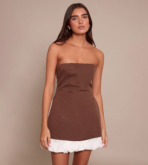 Tailored Strapless Puffball Hem Shift Mini Dress