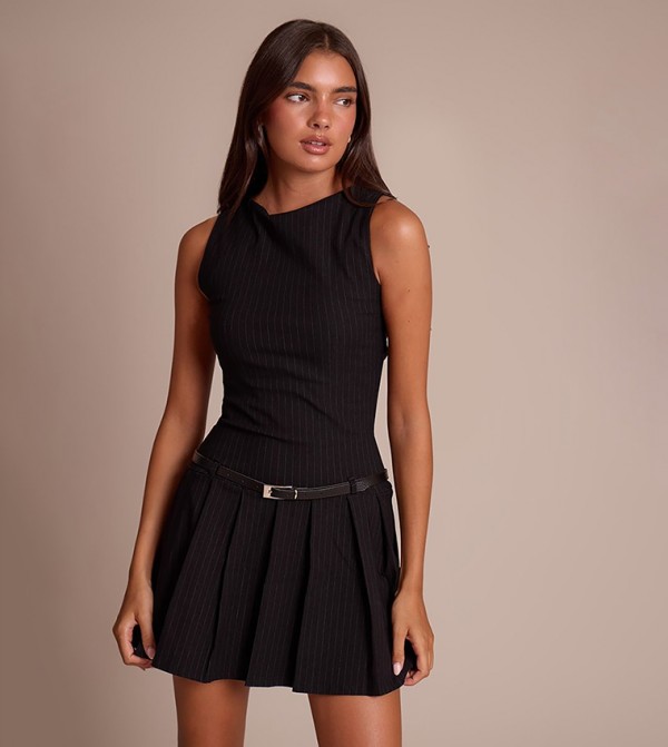 Striped Stretch Boat Neck Belted Shift Mini Dress