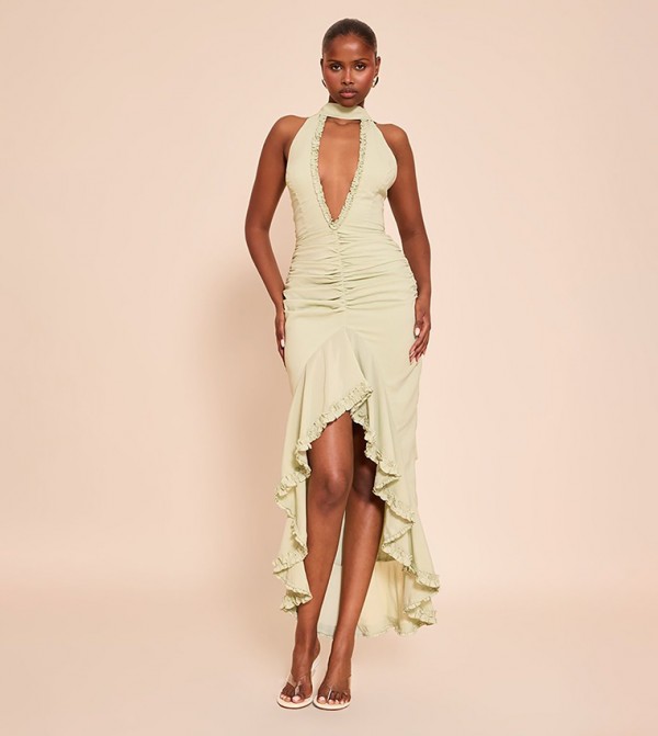 Ruffle Detail Plunge Sleeveless Maxi Dress