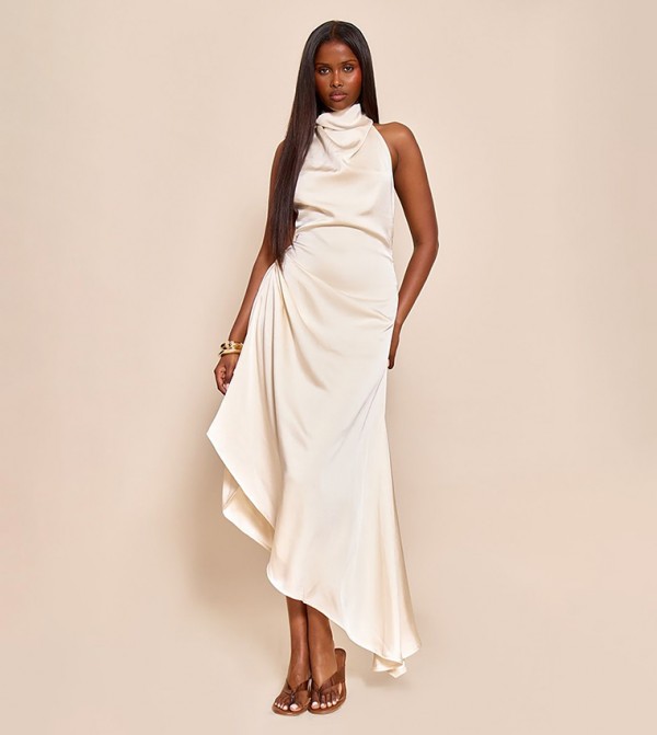 Satin Cowl Neck Asymmetric Shift Midi Dress