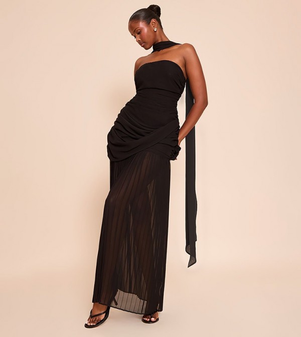 Chiffon Scarf Detail Strapless Ruched Maxi Dress