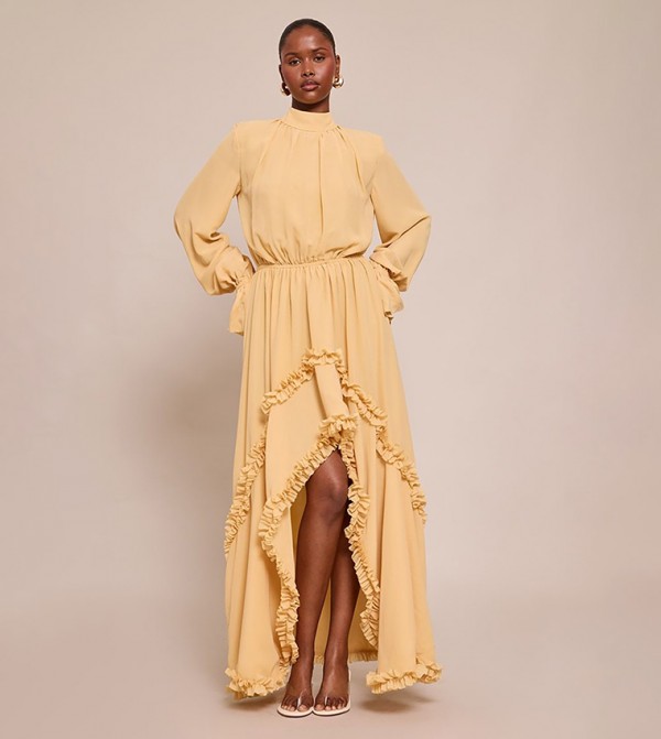 Chiffon High Neck Frill Detail Maxi Dress