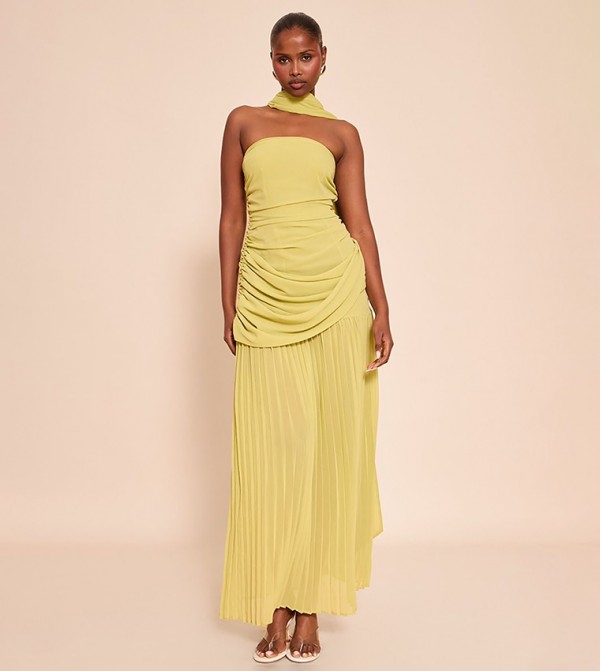 Chiffon Scarf Detail Strapless Ruched Maxi Dress