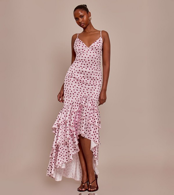 Polka Dots Satin Plunge Extreme Frill Hem Maxi Dress