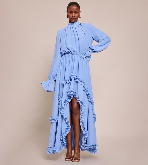 Chiffon High Neck Frill Detail Maxi Dress