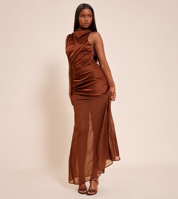 Satin Contrast Ruched Detail Maxi Dress
