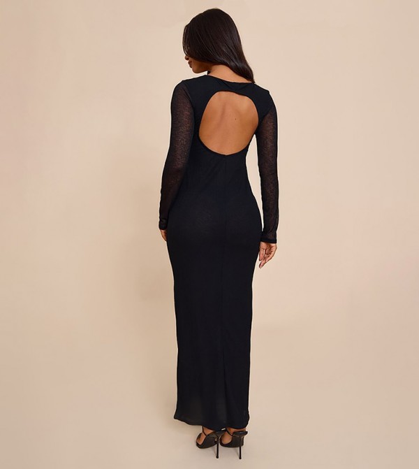 Petite Ribbed Long Sleeves Open Back Maxi Dress