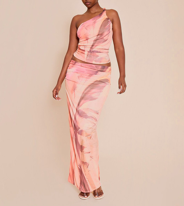 Feather Print Mesh Ruched Maxi Skirt