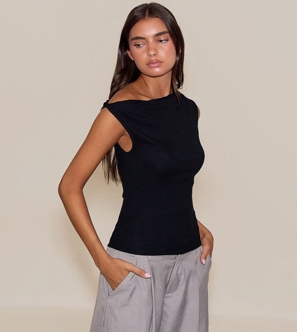 Soft Ribbed Asymmetric Drape Detail Sleeveless Top
