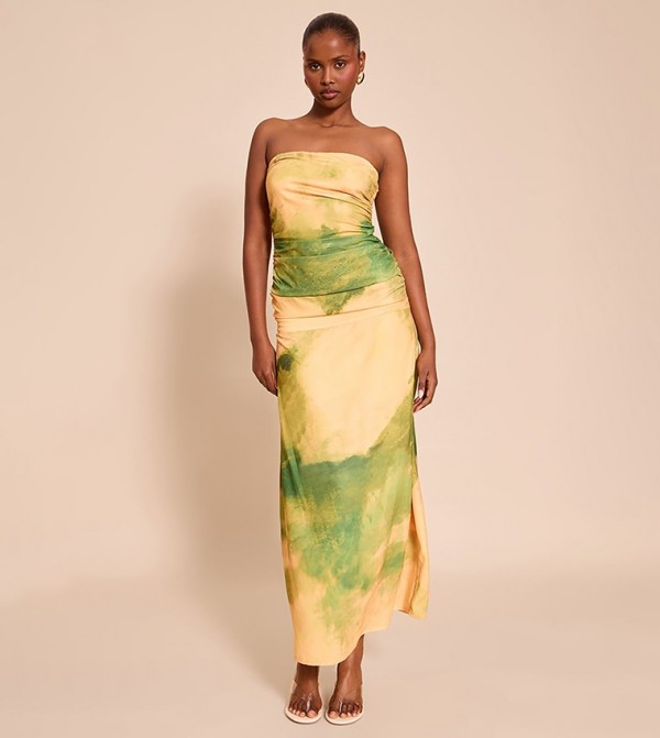 Abstract Printed Strapless Ruched Detail Maxi Dress