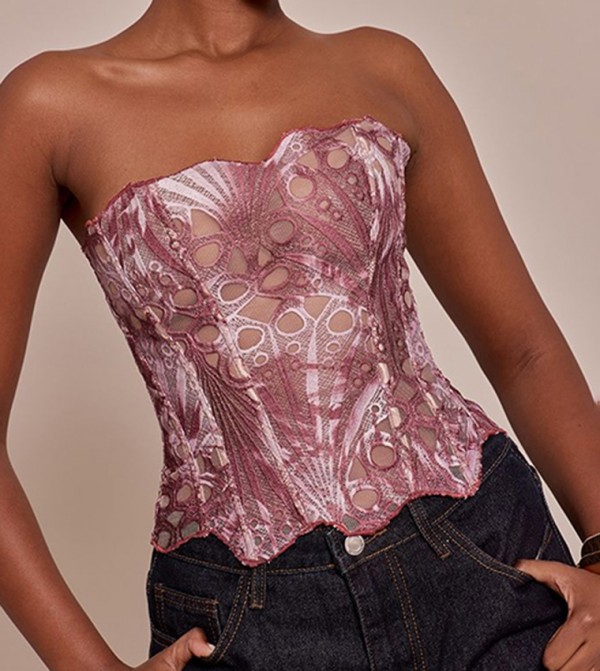 Print Textured Sheer Floral Lace Corset Top