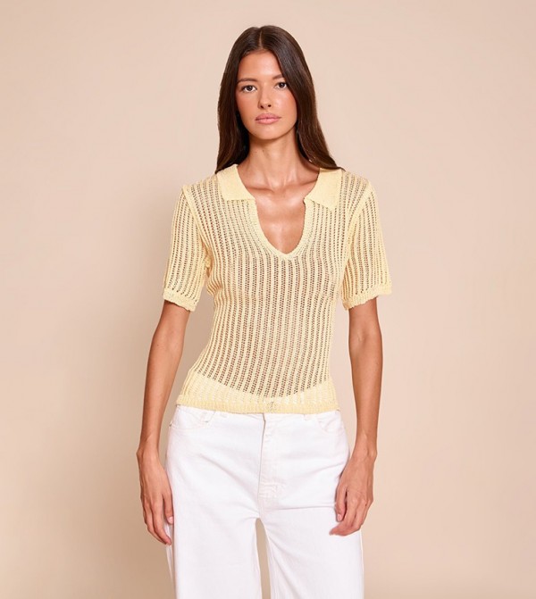 V-Neck Knitted Collared Top
