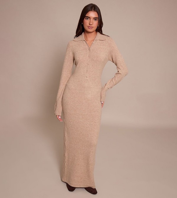 Oatmeal Soft Bobble Knit Button Up Collar Detail Maxi Dress