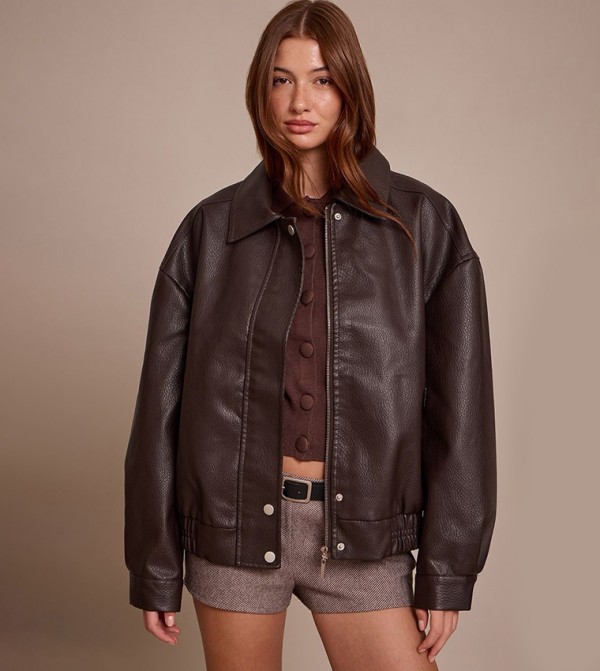 Concealed Placket Faux Leather Bomber Jacket