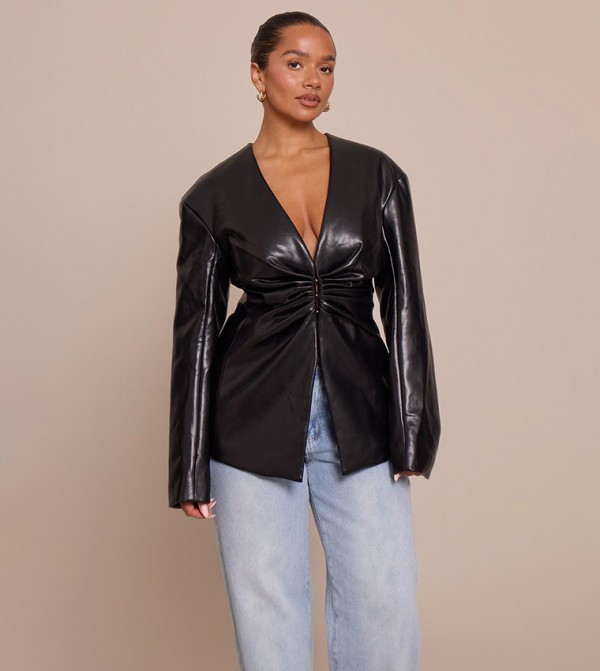 Shape Faux Leather Ruched Front Blazer