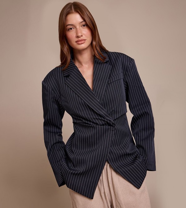 Pinstripe Gathered Cinched Waist Blazer