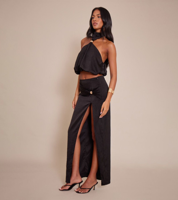 Tall Metal Detail High Slit Maxi Skirt