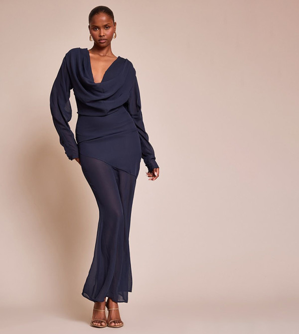 Chiffon Extreme Cowl Neck Long Sleeves Maxi Dress