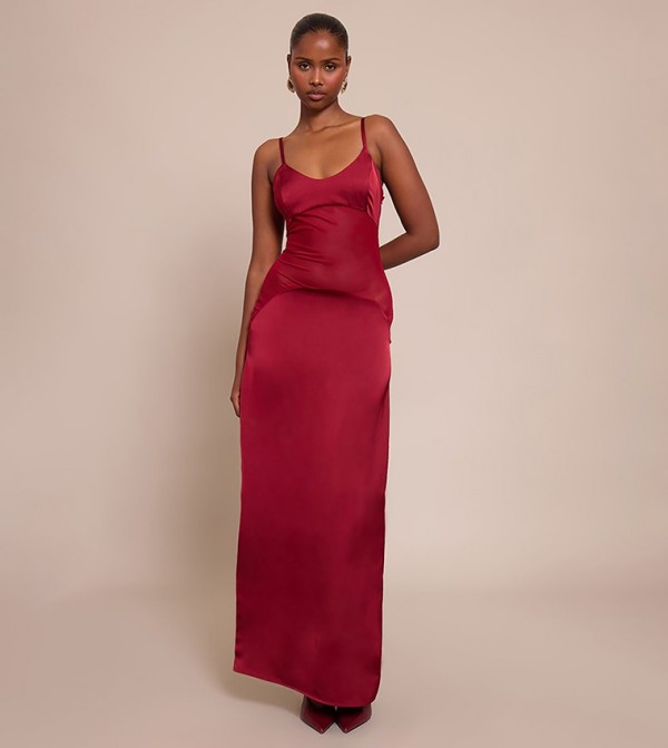 Deep Satin Scoop Neck Mesh Detail Maxi Dress