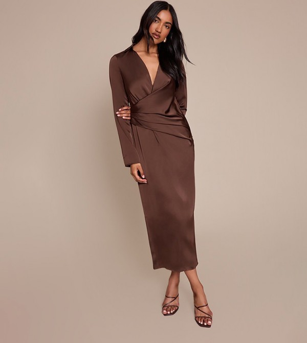 Satin Ruched Detail Long Sleeves Midaxi Dress