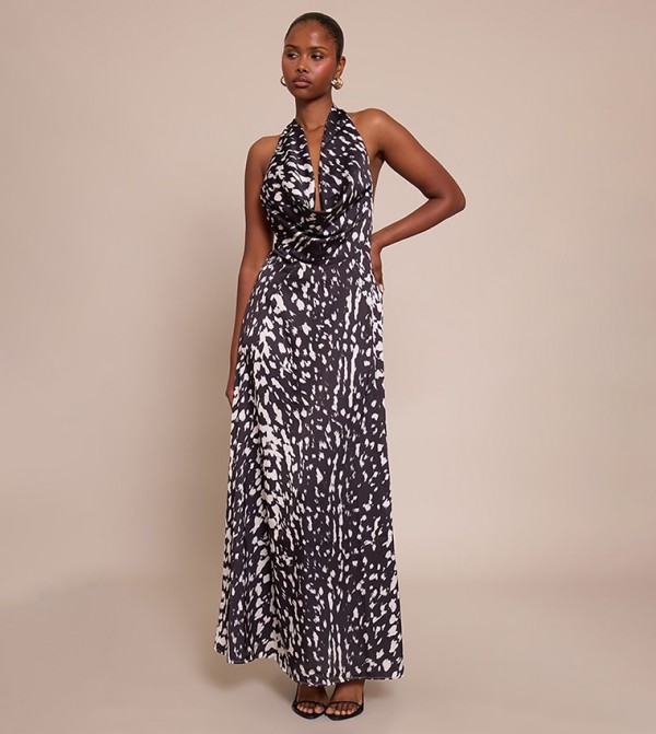 Printed Satin Cowl Neck Maxi Dress