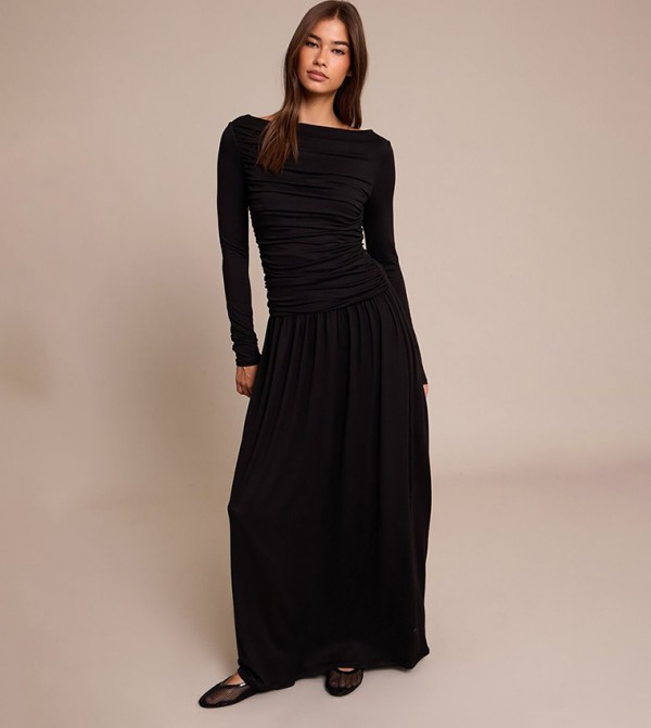 Soft Touch Jersey Ruched Long Sleeves Maxi Dress