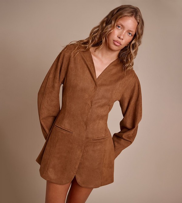 Faux Suede Cocoon Sleeves Mini Blazer Dress