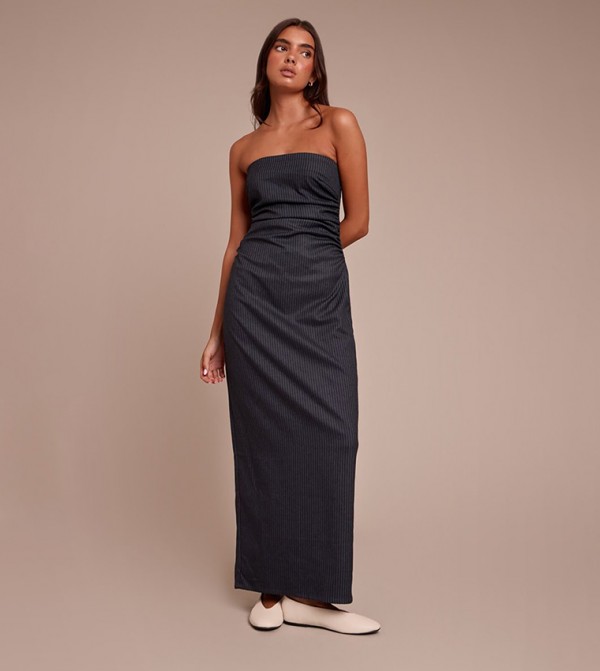 Striped Strapless Ruched Detail Maxi Dress