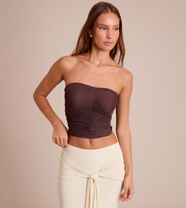 Double Layered Mesh Ruched Front Bandeau Top
