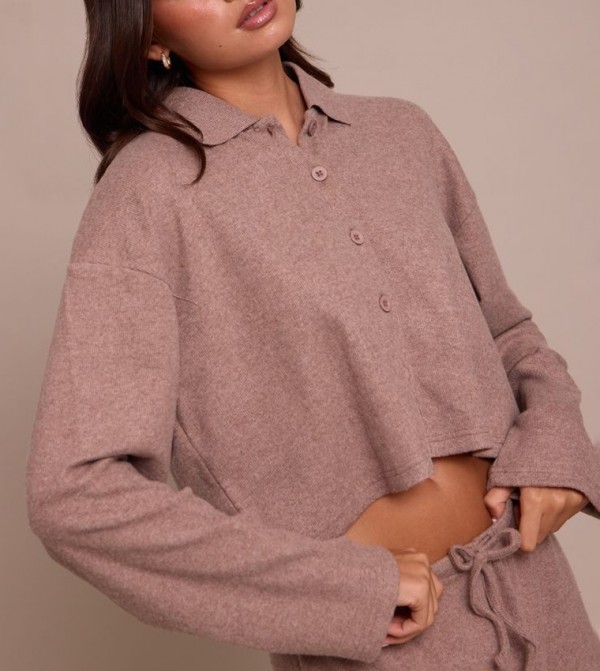 Brushed Ribbed Button Crop Shirt