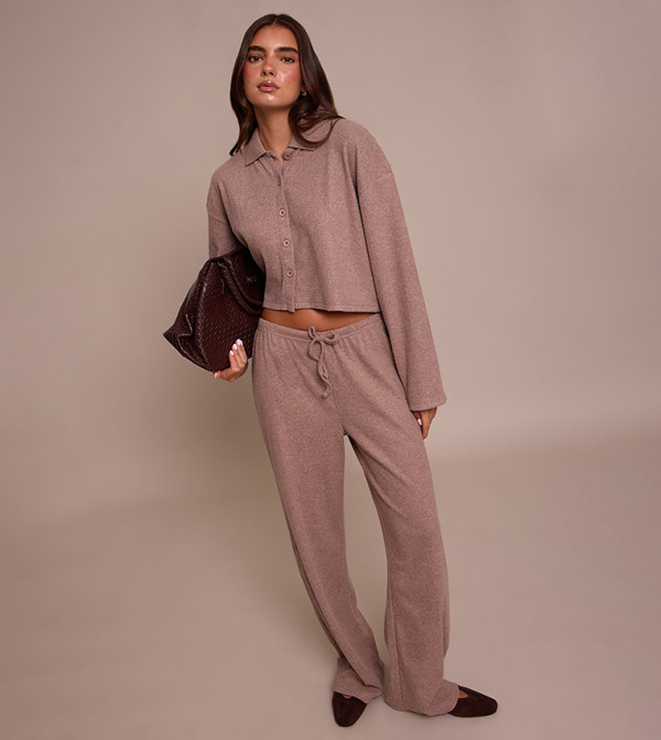 Brushed Rib Drawstring Wide Leg Trousers