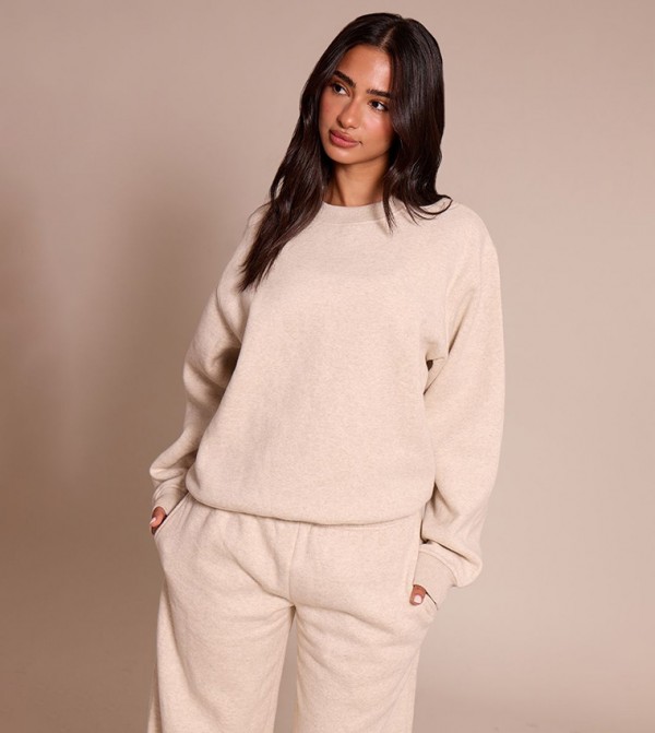 Petite Oatmeal Oversized Crew Neck Sweatshirt