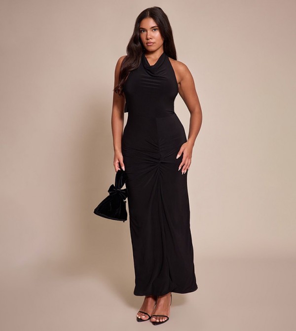 Shape Halterneck Tie Back Gold Trim Cowl Maxi Dress
