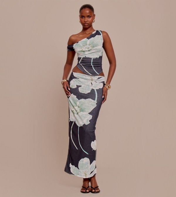 Floral Print Onion Skin Low Rise Maxi Skirt