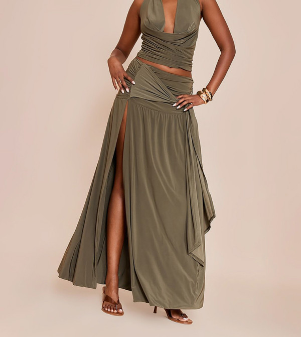 Double Layer Slinky Knot Drape Maxi Skirt