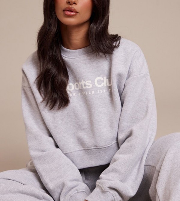 Petite Ash Sports Club Print Crop Sweatshirt