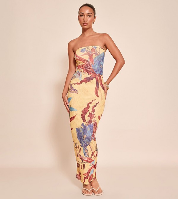 Floral Printed Strapless Maxi Dress