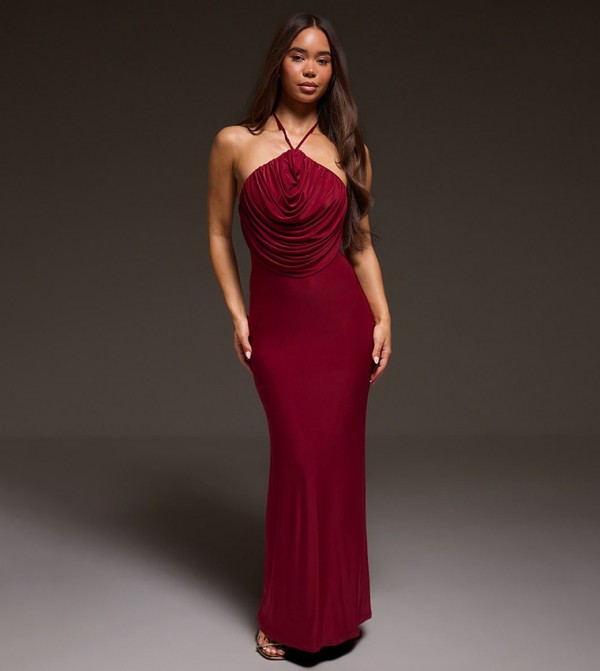 Slinky Halterneck Draped Detail Maxi Dress