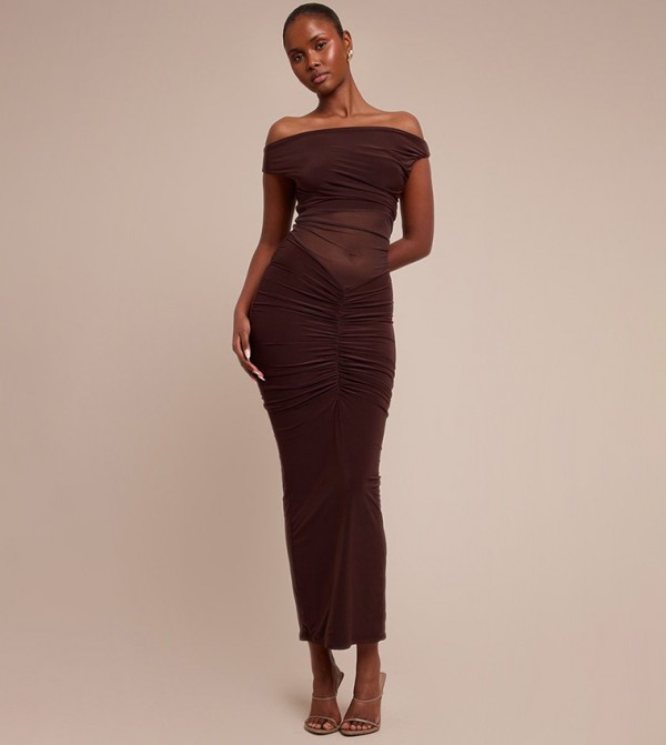 Mesh Overlay Off Shoulder Maxi Dress